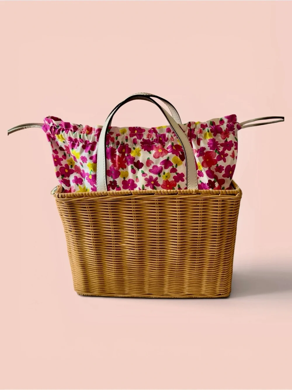 Kate Spade Sam Wicker Medium Satchel Bag Basket Tote Floral Drawstring Pink